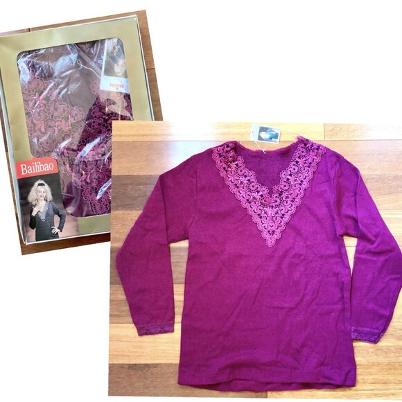Maroon Lace Trim V-Neck Blouse Top NIP Small, Stretch Knit, Long Sleeves - Picture 1 of 7